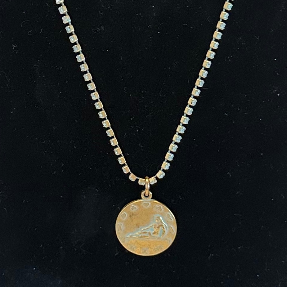 TOVA - Virgo Zodiac Pendant with Blue Patina Wash on Crystal Chain Necklace